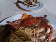 večeře-nedovařené špagety a zkažený krab